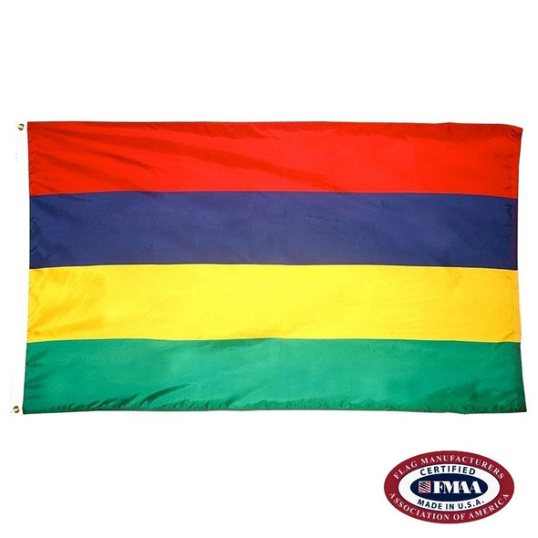 A Mauritius Flag made of nylon with lock stitching, polyester canvas heading, and brass grommets. Design is four horizontal bands of red, blue, yellow and green in ascending order. FMAA Certified Made in America seal.