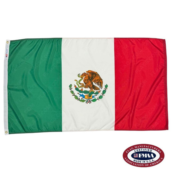 The Mexican flag is a vertical tricolor of green, white, & red. In the center is a golden eagle perched on a cactus holding a snake in its beak. FMAA Certified Made in America seal.