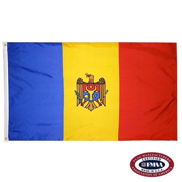 The Moldova flag is a vertical blue, yellow, and red tricolor. In the center is the national coat of arms with an eagle and shield. FMAA Certified Made in America seal.