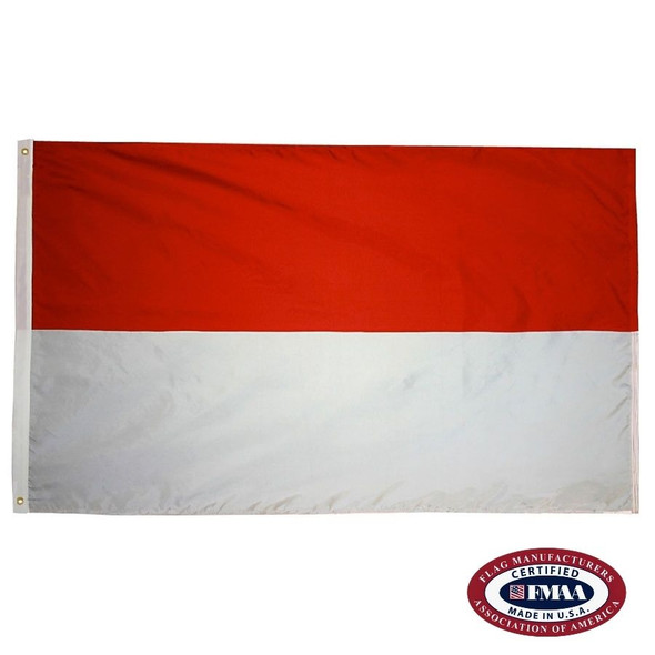 The Monaco flag has 2 horizontal red and white stripes. FMAA Certified Made in America seal.