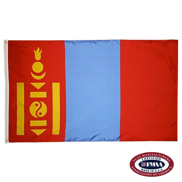 The Mongolia flag is a vertical red and blue triband with a gold Soyombo symbol on the left red stripe. FMAA Certified Made in America seal.