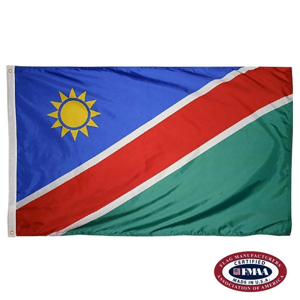 The Namibia flag has red and green fields separated by a diagonal red line with a white outline. In the upper left is a yellow sun. FMAA Certified Made in America seal.
