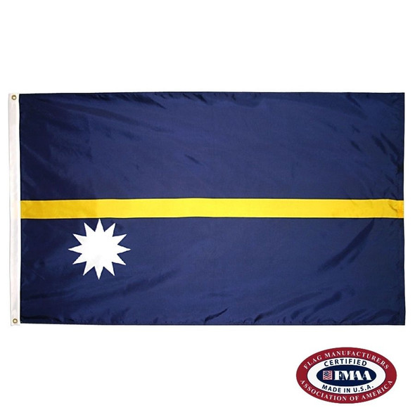 The Naoero flag consists of a blue field with a single horizontal yellow stripe and a 12 pointed white star in the lower hoist corner. FMAA Certified Made in America seal.