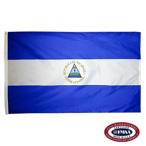 The Nicaragua flag is a horizontal dark blue and white triband with the national coat of arms in the center. FMAA Certified Made in America seal.