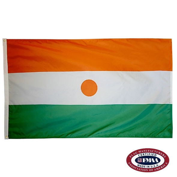 The Niger flag is a horizontal orange, white, and green tricolor. In the center is a small orange circle. FMAA Certified Made in America seal.