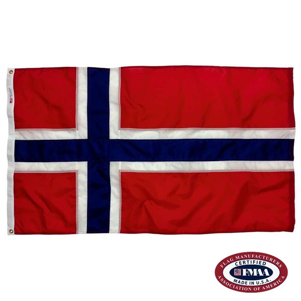 The Norway flag is red with a dark blue Nordic cross with a white outline spanning the height and width, facing to the left. FMAA Certified Made in America seal.