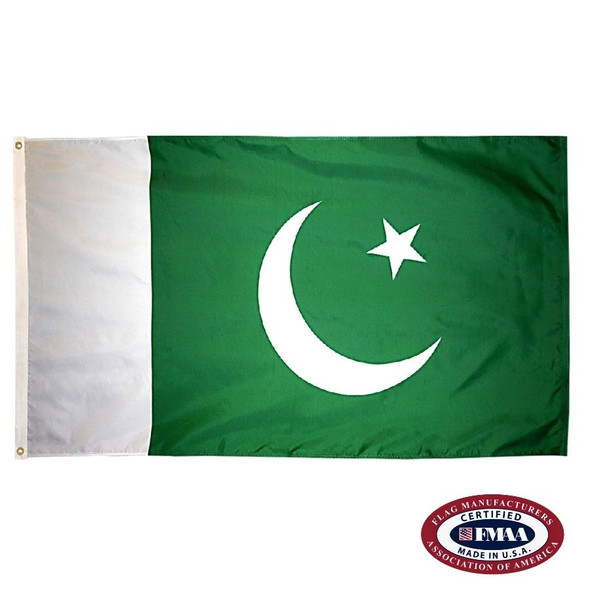 The Pakistan flag is dark green with a vertical white stripe on the left. On the right is a white crescent moon and star. FMAA Certified Made in America seal.