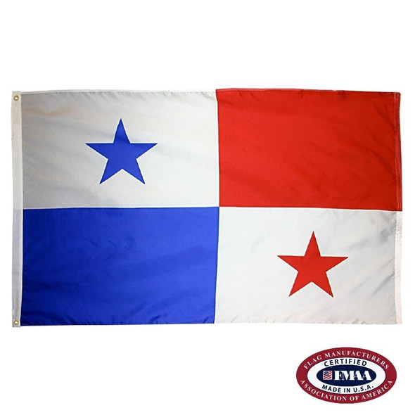 The Panama flag has 4 white, red, blue, and white rectangles. On the upper left is a blue star, and the lower right is a red star. FMAA Certified Made in America seal.