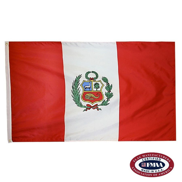 Peru Flag with 2 vertical red stripes at each end and a center white stripe. Center stripe bears Coat of Arms in the center. FMAA Certified Made in America seal.