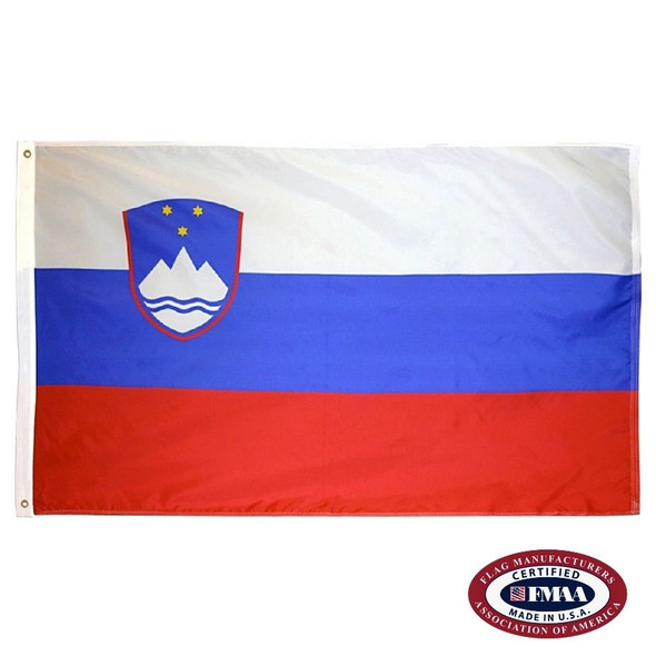 The Slovenia flag is a horizontal white, blue, and red tricolor with a coat of arms of the same colors in the upper left corner. FMAA Certified Made in America seal.
