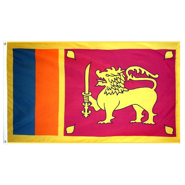 The Sri Lanka flag is yellow with 2 vertical green and orange stripes on the left and a gold lion on a red field on the right.