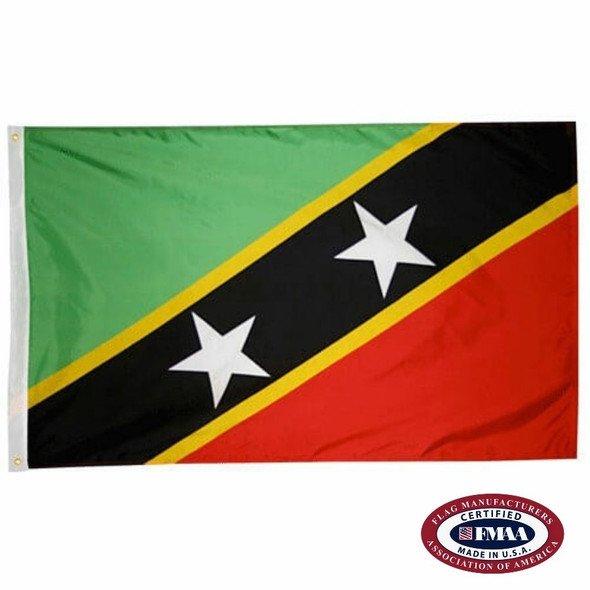 The St. Kitts-Nevis flag has 2 green and red triangles separated by a black stripe with a yellow border. In the stripe are 2 white stars. FMAA Certified Made in America seal.