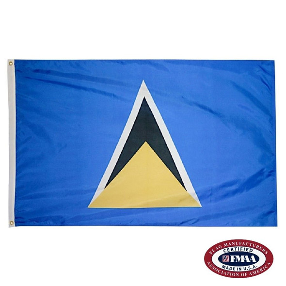 The St. Lucia flag is blue with a black triangle in the center with a white outline and a smaller yellow triangle inside. FMAA Certified Made in America seal.