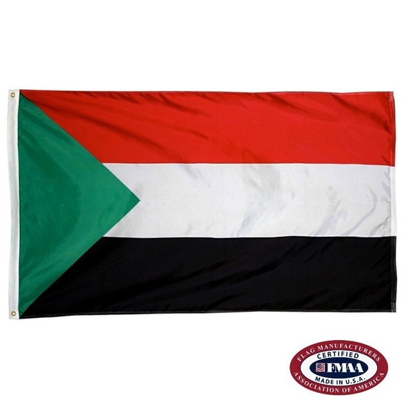The Sudan flag is a horizontal red, white, and black tricolor with a green triangle on the left pointing right. FMAA Certified Made in America seal.