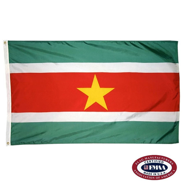 The Suriname flag has 5 horizontal green, white, and red stripes. In the center of the wider red stripe is a large yellow star. FMAA Certified Made in America seal.