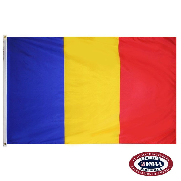 The Romanian flag is a tricolor with vertical blue, yellow, and red stripes. FMAA Certified Made in America seal.