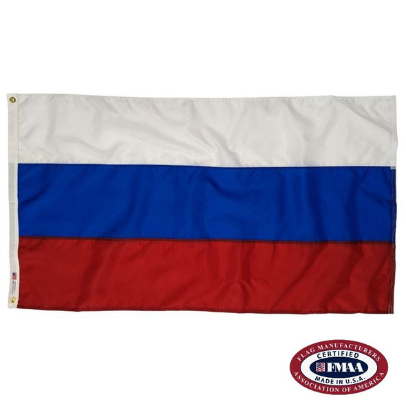 The Russian flag features three horizontal stripes of white, blue, and red, from top to bottom. FMAA Certified Made in America seal.