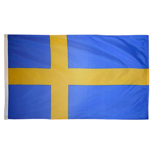 A blue Sweden flag with a horizontal yellow cross, with the top of the cross facing the left.
