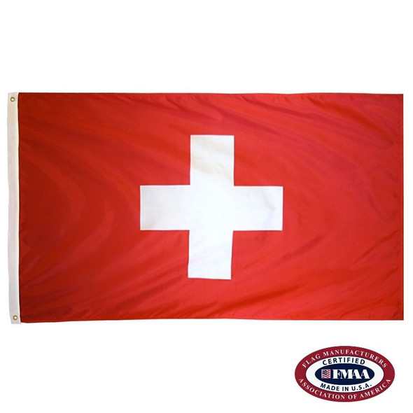 The Swiss flag is red with a thick white cross in the center. FMAA Certified Made in America seal.