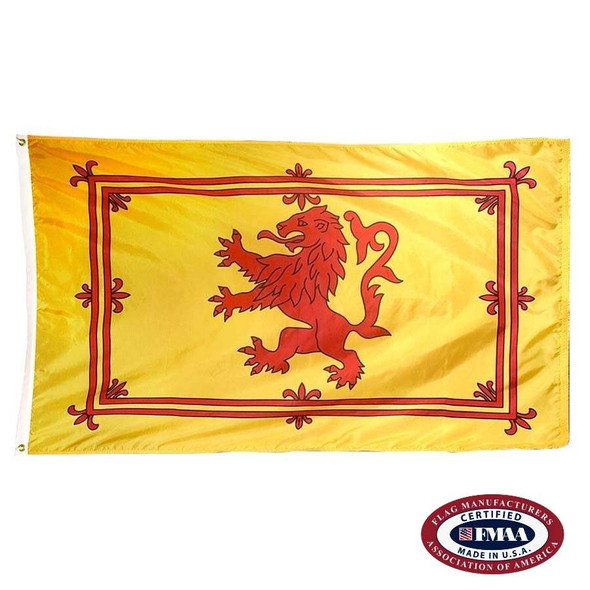 The Scotland Rampant Lion flag is yellow with a large red lion in the center, facing left. Around it is a red rectangular border. FMAA Certified Made in America seal.