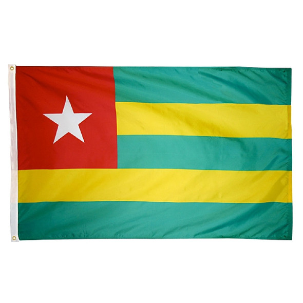 The Togo national flag consists of three horizontal green stripes, offset by two yellow stripes, and a red canton with a large white star.