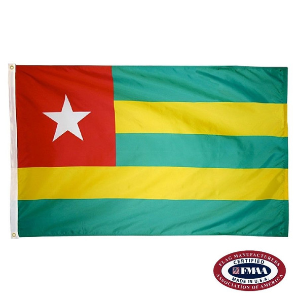 The Togo flag has 5 horizontal green and yellow stripes. In the red canton is a large white 5-pointed star. FMAA Certified Made in America seal.