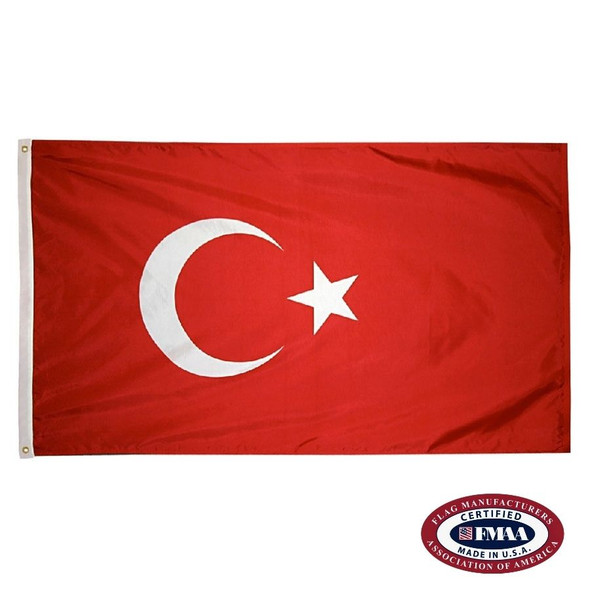 A red flag of Turkey with a white right-facing crescent moon and a white five-pointed star. FMAA Certified Made in America seal.