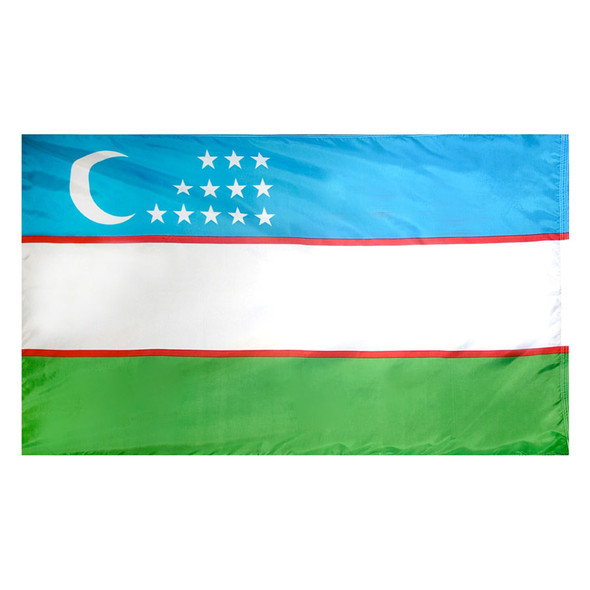 The Uzbekistan flag is a horizontal blue, white, and green tricolor separated by red lines. At the top is a white crescent and 12 stars.