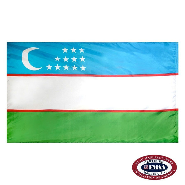 The Uzbekistan flag is a horizontal blue, white, and green tricolor separated by red lines. At the top is a white crescent and 12 stars. FMAA Certified Made in America seal.