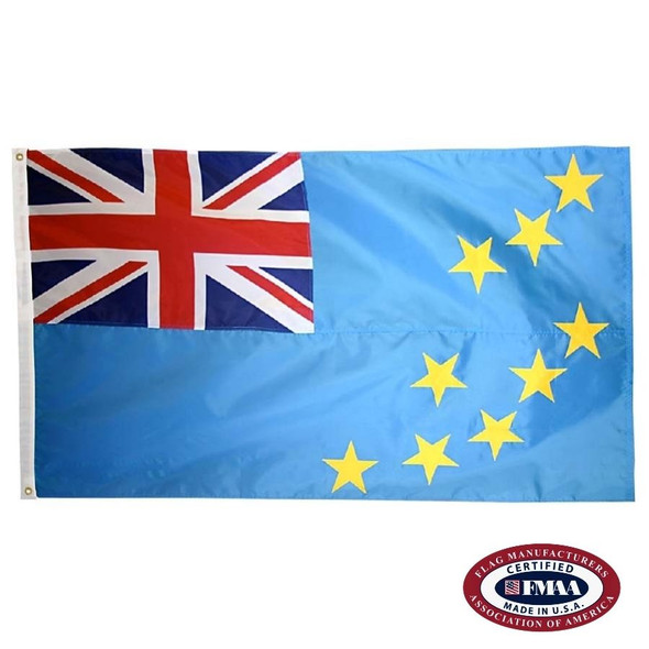 The Tuvalu flag is light blue, with the Union Jack in the canton and nine yellow stars on the right. FMAA Certified Made in America seal.