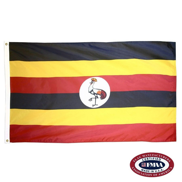 The Uganda flag has 6 horizontal black, yellow, and red stripes. In the center is a white circle with a gray, crowned crane. FMAA Certified Made in America seal.