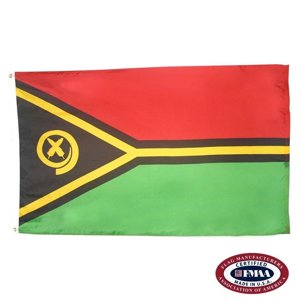 The Vanuatu flag has 2 horizontal red and green stripes separated by a yellow Y shape pointing left with a black outline. FMAA Certified Made in America seal.