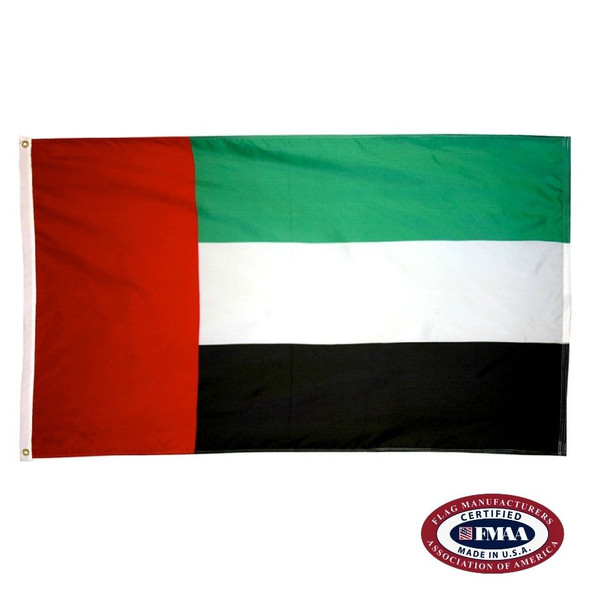 The UAE flag has 3 horizontal green, white, and black stripes. On the left is a vertical red stripe. FMAA Certified Made in America seal.