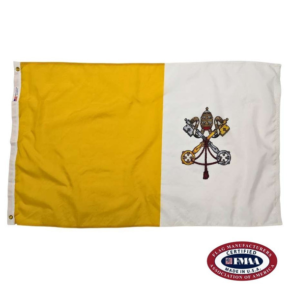 The Vatican flag for sale has two vertical bands of yellow & white. On the right is the coat of arms with the keys of St. Peter & papal tiara. FMAA Certified Made in America seal.