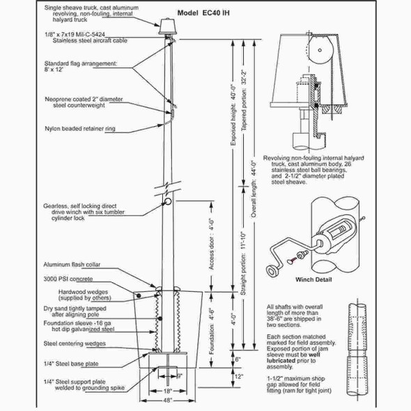 A black and white diagram depicting a 40’ internal halyard flagpole with all components labeled.