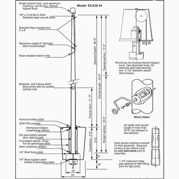 30 Internal Halyard Flagpole w/ Collar ECA30IH