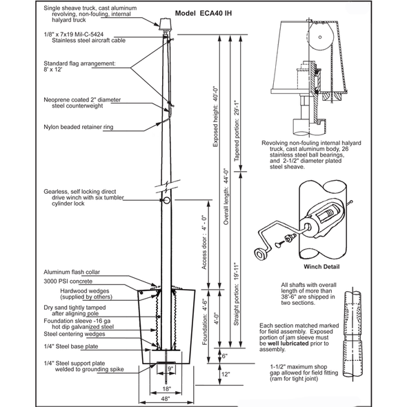 40 Internal Halyard Flagpole w/ Collar ECA40IH