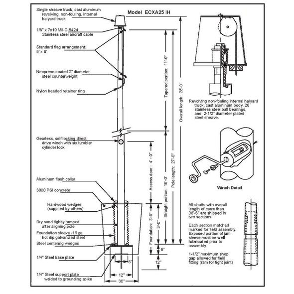 25 Internal Halyard Flagpole w/ Collar ECXA25IH