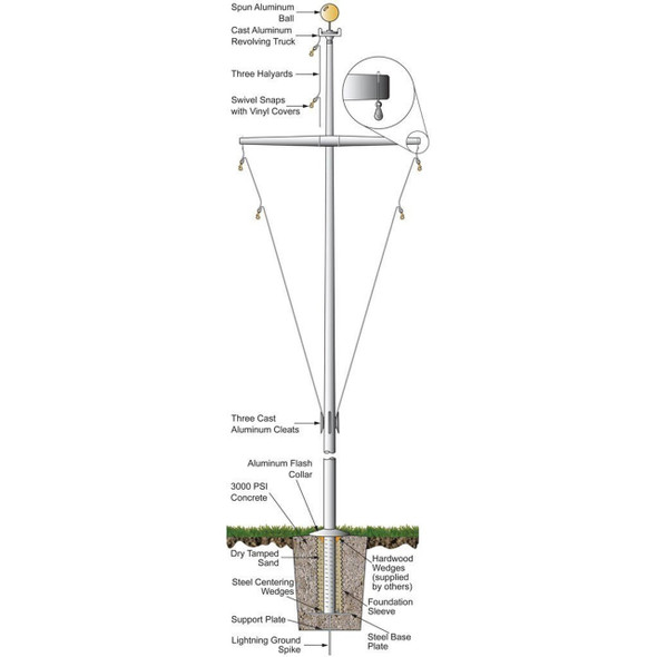 An illustration of a 45' tall nautical flagpole with a yardarm and collar, with all parts labeled.
