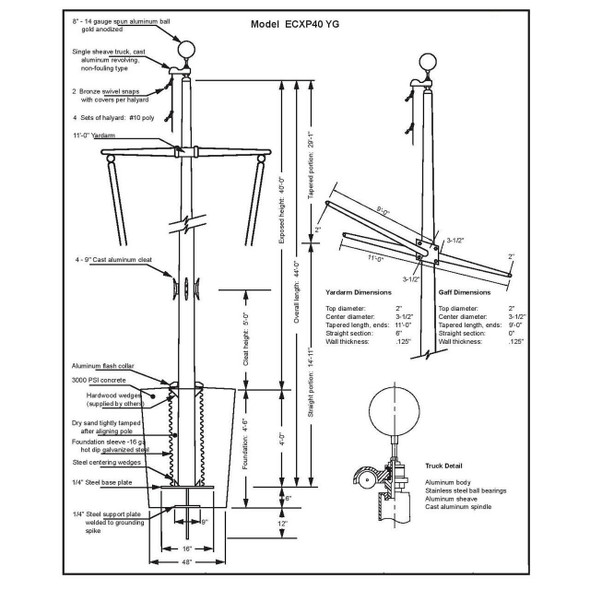 40 Nautical Flagpole w/ Yardarm, Gaff and Collar ECXP40YG