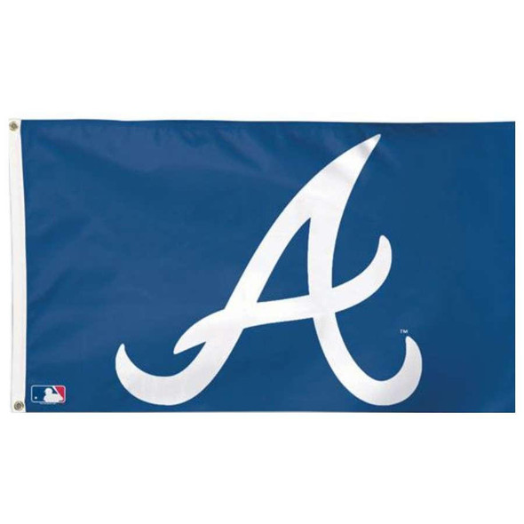 An Atlanta Braves flag featuring a blue field with a white 'A' in the middle. 