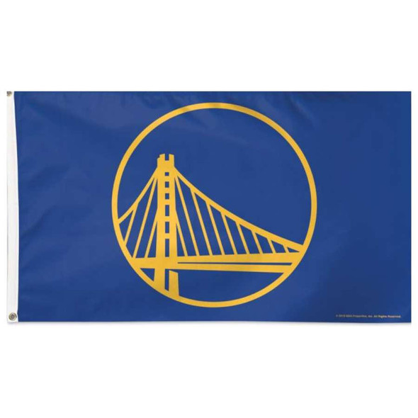 A Golden State Warriors flag featuring a blue field with the yellow Golden State Warriors logo in the middle. 