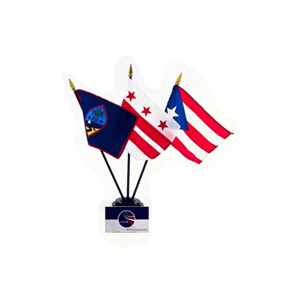 Three stick flags of Guam, the District of Columbia, and Puerto Rico are shown on a black base.