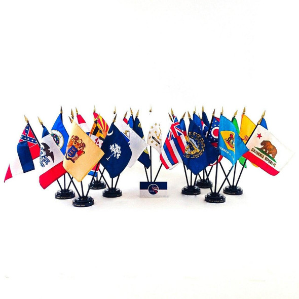 All 50 state stick flags are displayed in sets of 3 on black plastic bases.