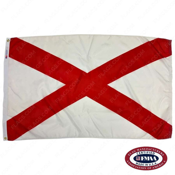 The Alabama flag has a red saltire or diagonal cross on a white background. FMAA Certified Made in America seal.