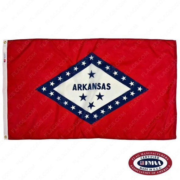 The red Arkansas flag has a white diamond with 25 stars on the blue border. “Arkansas” is written inside with 4 blue stars. FMAA Certified Made in America seal.
