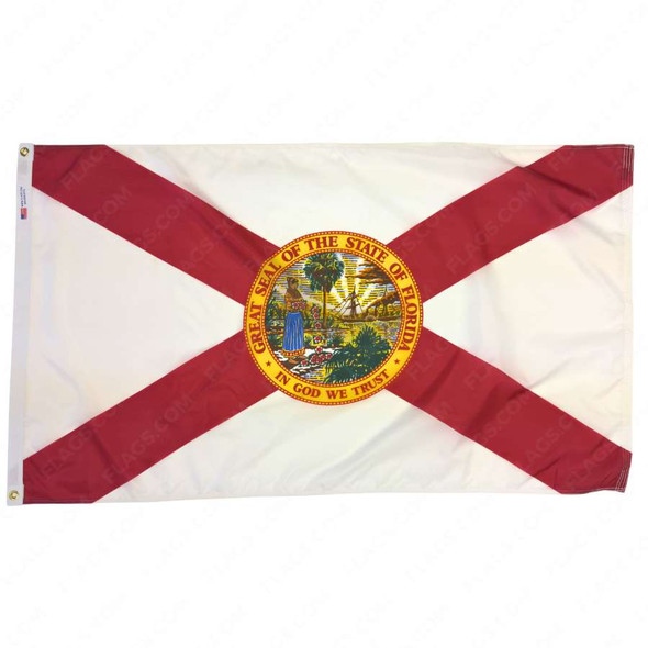 The Florida flag is white with a red saltire. In the center is the seal of Florida, depicting a woman laying flowers on the beach.