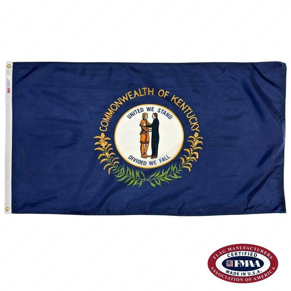 The Kentucky flag displays the state seal over a dark blue field. Inside the seal, a frontiersman and a politician are shaking hands. FMAA Certified Made in America seal.