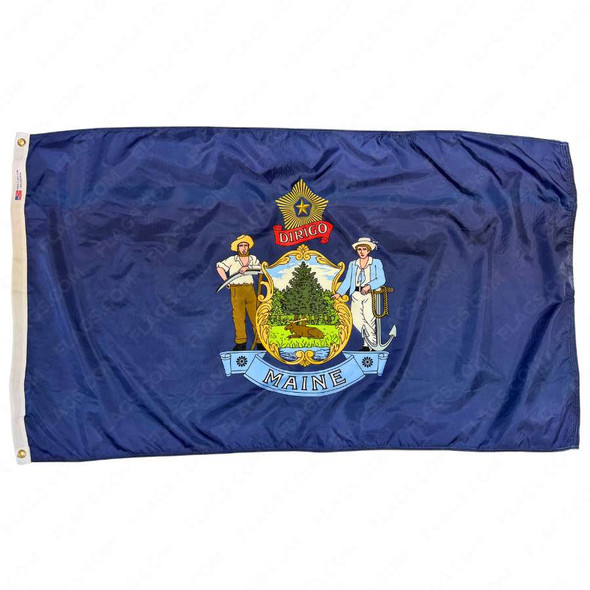 The dark blue Maine flag has a coat of arms in the center, with a pine tree and moose flanked by a farmer and sailor below the North Star.