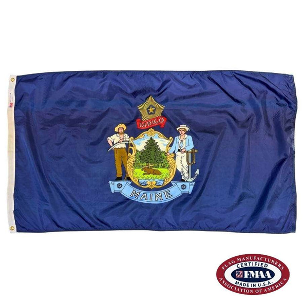The dark blue Maine flag has a coat of arms in the center, with a pine tree and moose flanked by a farmer and sailor below the North Star. FMAA Certified Made in America seal.